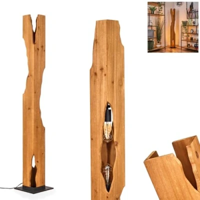 Afbeelding van HOFSTEIN Sernadelo Staande lamp, moderne vloerlamp van metaal/bamboe in zwart/natuurlijke kleuren, gebogen lamp boho stijl met voetschakelaar aan kabel, hoogte 101 cm, 4 x E27, zonder lampen