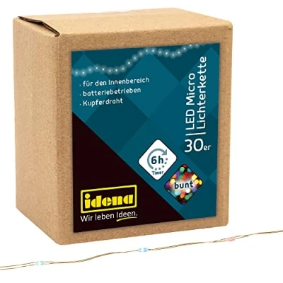 Afbeelding van Idena 31096, micro led lichtketting met 30 leds, kleurrijk, 6 uur timerfunctie, werkt op batterijen, ca. 3,2 m lang, voor feestjes, Kerstmis, decoratie, bruiloft, sfeerlicht