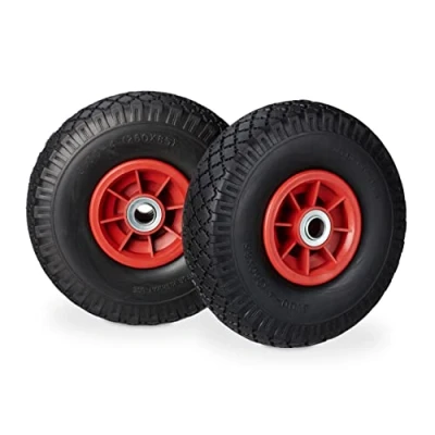 Afbeelding van Relaxdays steekwagenwiel 2 stuks 3.00 4 rubberband kogellager 80 kg 20 mm as zwart rood