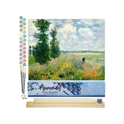 Afbeelding van Figured&#039;Art Schilderen op Nummer Volwassenen canvas Monet Veld met klaprozen Handwerk acrylverf Kit DIY Compleet 40x50cm houten lijst