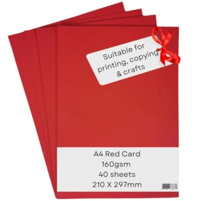 Afbeelding van A4 rode kaartpapierprinter, 160 g/m², 40 vellen, gekleurde knutselkaarten, geschikt voor knutselen, printen, kopiëren, kopieerapparaten