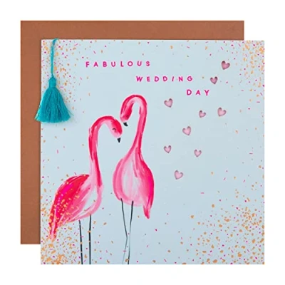 Afbeelding van Bruiloft Gefeliciteerd Kaart van Hallmark Hedendaags Vierkant Ontwerp met Neon Flamingos