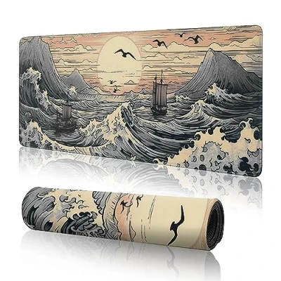 Afbeelding van Japanse golven gaming muismat grote bureaumat, anime bureauonderlegger toetsenbordkussen, 31,5 x 11,8 cm verlengde XL voor bureau met antislip basis en
