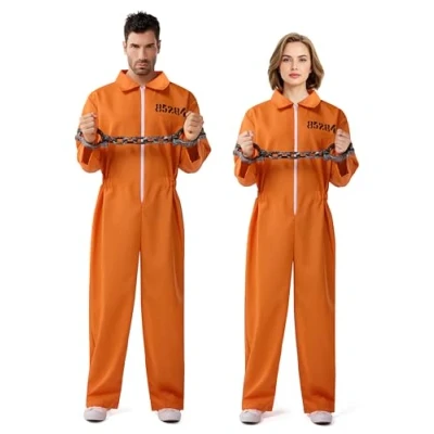 Afbeelding van Spooktacular Creations Prisoner Jumpsuit Heren Oranje Gevangenis Ontsnapte Gevangene Overall Kostuum voor Halloween Verkleedfeest Cosplay (Large)