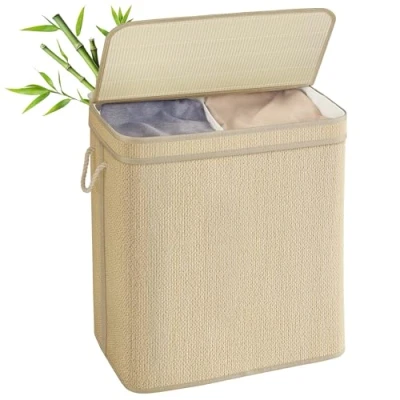 Afbeelding van SONGMICS Wasmand met 2 compartimenten, bamboe wasmand, 130 liter, afneembare en machinewasbare waszak, deksel, handgrepen, voor wasruimte, slaapkamer, woonkamer, natuurlijke kleur LCB068Y01