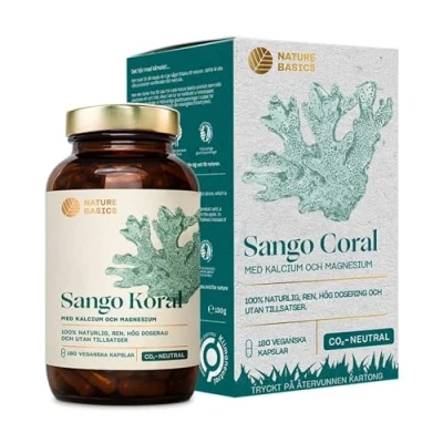 Afbeelding van Nature Basics® Sango Koraal in een potje 180 veganistische capsules voorraad voor 2 maanden 3.300mg poeder, waarvan 660mg Calcium &amp; 330mg Magnesium per dagelijkse dosis vrij van additieven CO neutraal
