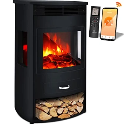 Afbeelding van KESSER® Prio elektrische open haard met verwarming, ventilatorkachel afstandsbediening, 950/1900 W, led vlameffect, thermostaat 3 delig panorama kijkvenster