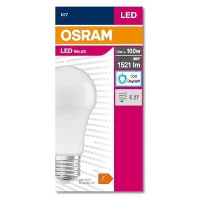 Afbeelding van Osram Value Classic A100 6500k. LED lamp 220 240v 13w 6500k e27.1521 lumen. Komt overeen met 100w. 10.000 uur. 118 X 60mm. [energieklasse A+]