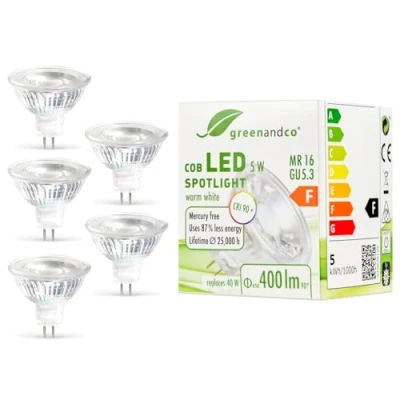 Afbeelding van 5x greenandco® CRI 90+ LED spot vervangt 40 Watt MR16 GU5.3 halogeenspot, 5W 400 lumen 3000K warm wit 38 12V AC/DC, niet dimbaar