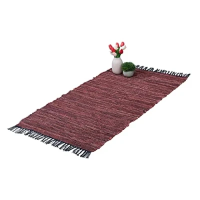 Afbeelding van Relaxdays vloerkleed leder en katoen tapijt antislip chill mat lappen franjes Rood, 70 x 140 cm