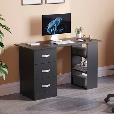 Afbeelding van Vida Designs Mason Computer Bureau met planken en 3 laden, Home Office PC/Laptop Gaming Tafel, Study Workstation, Meubels Zwart