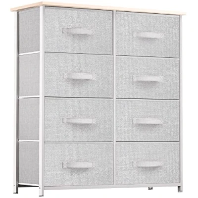 Afbeelding van YITAHOME Commode, commode met 8 laden, kast, stoffen laden handgrepen, metalen frame, duurzaam, lichtgrijs