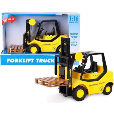 Afbeelding van Toyland® 23 cm (9&quot;) wrijvingsaangedreven vorkheftruck schaal (1:16) constructiespeelgoed voor jongens met licht en geluid vanaf 3 jaar