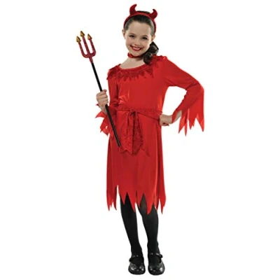 Afbeelding van Amscan Kinderkostuum kleine duivels, jurk, riem, halsketting, duivelshoorn, Little Devil, themafeest, carnaval, Halloween