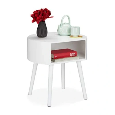 Afbeelding van Relaxdays bijzettafel, rond nachtkastje met vak, houten poten, simpel design, HxBxD: 47.50 x 46 40 cm, wit