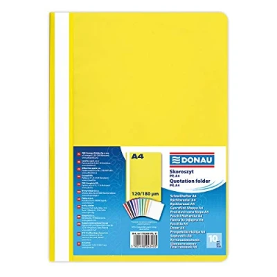 Afbeelding van DONAU 1702001PL 11 plastic snelhechter A4 geel, kunststof van eco PP folie 120/180 μm, met transparant deksel, voor kantoor en school, inhoud ca. 200 vellen verpakking 10 stuks.