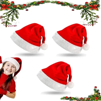 Afbeelding van 3 stuks kerstmutsen kerstfeesthoed kerstmuts pluche kant kerstmanmuts rode kinderen