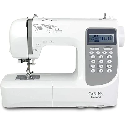 Afbeelding van CARINA Diamond naaimachine, 197 steekprogramma&#039;s, inrijghulp, automatische draadspanning en draadsnijder, spiegelfunctie, instelbare steeklengte steekbreedte, met geheugenfunctie (wit grijs)