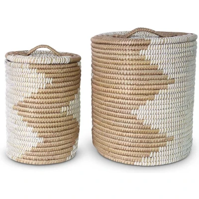Afbeelding van Safaary Wasmand met deksel van Zeegras Goud Wit 32x42 CM