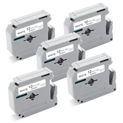 Afbeelding van UniPlus 5x Compatibele Vervangende Linten voor Brother M K231 MK231 12mm Niet Gelamineerde PT 65 80 55 85 90 M95 60 100 110 BB4, x 8m, Zwart op Wit