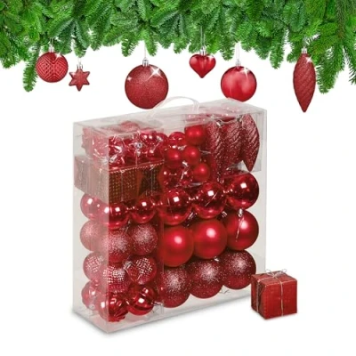 Afbeelding van Relaxdays kerstballen kerstboom ballen kerstboomversiering kunststof set van 110 rood