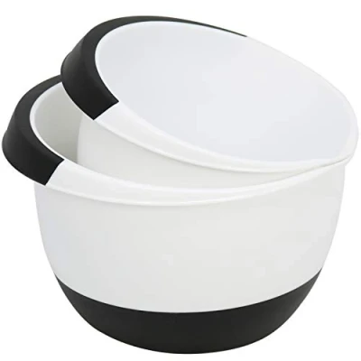 Afbeelding van COM FOUR® 2x mengkommen 3 en 1,7 liter met aanslagvoet, schenktuit antislip handvat (2 stuks wit. zwart)