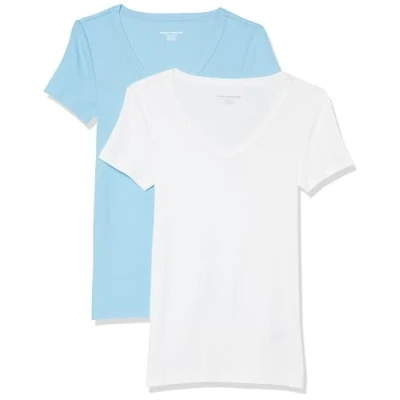 Afbeelding van Amazon Essentials Women&#039;s T shirt met korte mouwen en V hals in slanke pasvorm, Pack of 2, Wit/Lichtblauw, M