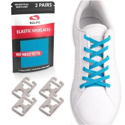 Afbeelding van SULPO 2 paar elastische veters, veters met comfortabele sluiting, schoenveters voor kinderen en volwassenen, alle soorten schoenen, Zwart Grijs, One size