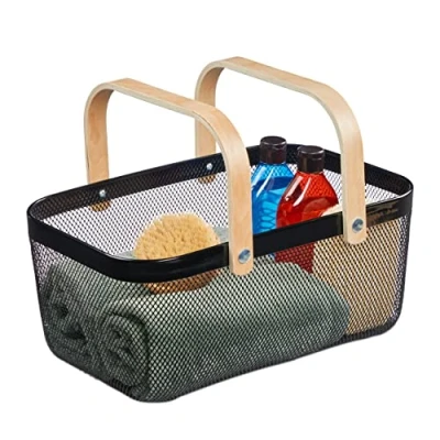 Afbeelding van Relaxdays metalen opbergmand, draadmand met 2 houten handvaten, rechthoekige badkamermand, gaas, modern, zwart