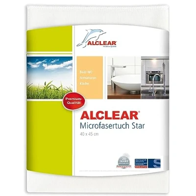 Afbeelding van Alclear 950006 Star Microvezeldoek, speciale doek die kalkranden zonder chemische reinigingsmiddelen verwijdert, fijne microvezelstructuur voor huishouden, home office, badkamer, toilet, mensen met allergieën, 40 x 45 cm, wit
