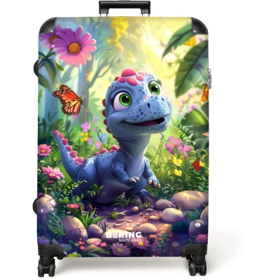 Afbeelding van NoBoringSuitcases.com® Koffer groot Reiskoffer lichtgewicht Jonge dino tussen kleurrijke bloemen Rolkoffer met 4 wielen Grote trolley XL 98 liter bagage