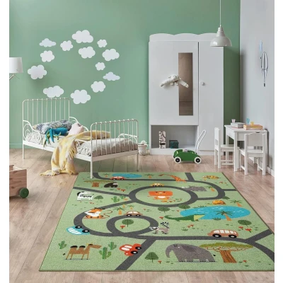 Afbeelding van Vloerkleed kinderkamer Groen 240x340 cm Afwasbaar Antislip Tapijt voor jongens en meisjes met een straat jungledieren Happy Life by the carpet