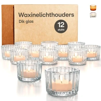 Afbeelding van Theelichthouder Glas Klein voor Tafeldecoratie Set van 12 Ronde Theelichtglazen Stevige Kaarsenhouders Woondecoratie &amp; Bruiloft (Transparant)