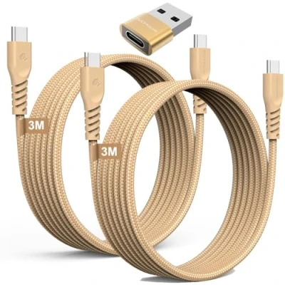 Afbeelding van TECHGEAR USB C naar kabel 60 W (3 stuks) 3 m + 1 x adapter, gevlochten type C, snel opladen, compatibel met iPhone 15, iPad Pro, MacBook, Samsung S24/S23/A14/A15 enz