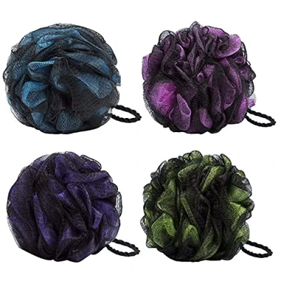 Afbeelding van JollyJelly van 4 bad douchesponzen voor badkamer, luffa, dubbel mesh, body scrubber, borstel vrouwen en mannen, peeling huid, schone, kalmerende huid (mix, stuks)
