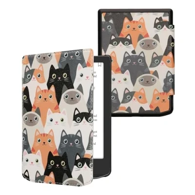 Afbeelding van kwmobile E reader hoesje geschikt voor Pocketbook Verse / Pro hoes flip case met magnetische sluiting Ereader cover Katten design in oranje zwart wit