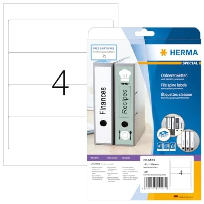 Afbeelding van HERMA 5123 A4 ondoor etiket, kort/ras (192 x 59 mm, 25 vellen, papier, mat) zelfklevend, bedrukbaar, permanent klevende mapetikettes, 100 etiketten voor printer, wit