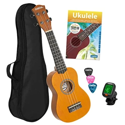 Afbeelding van CASCHA Sopraan ukelele set voor kinderen en volwassenen, starterset met 3 plectrums, leerboek, leervideo&#039;s via QR code, stemapparaat, Aquila snaren, nylon, kleine Hawaï gitaar, geel