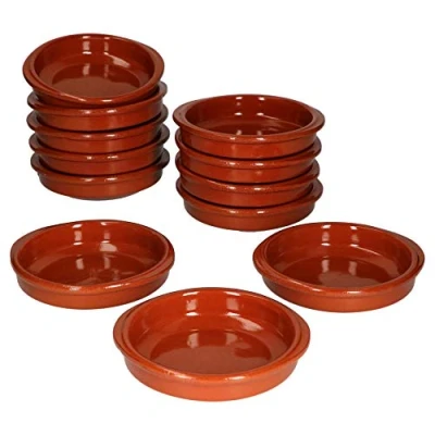 Afbeelding van MamboCat Cazuela schaal + handvat klei I set van 12 Ø cm maat S mediterran geglazuurd uniek handwerk antiek/vintage middeleeuwse Viking