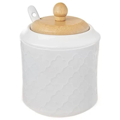 Afbeelding van orion group suikerpot van porselein met deksel en lepel, hoogte 11,5 cm, wit bamboehout, ecologische