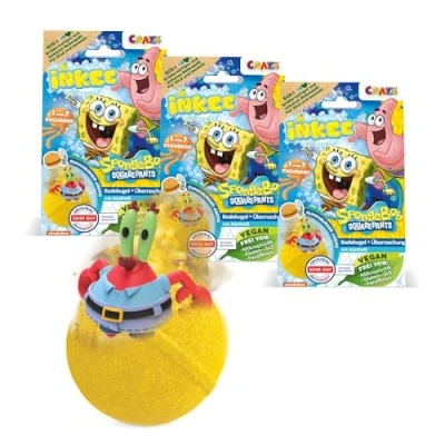 Afbeelding van INKEE SpongeBob badbruisballen om te verzamelen, 3 x van 80 g met burgerrubber aroma en jojoba olie, turquoise of geel