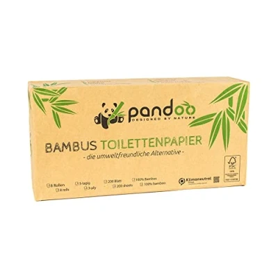 Afbeelding van Pandoo 100% bamboe toiletpapier droog houtvrij in plasticvrije bamboeverpakking. 8 rollen à 200 vellen 3 laags en knuffelzacht.