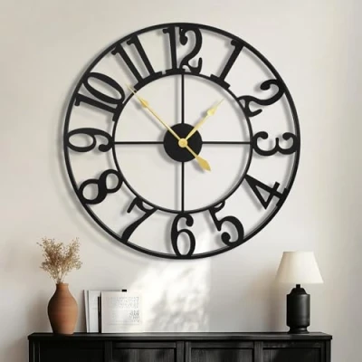 Afbeelding van Grote wandklok in vintage stijl, zwarte rond, metaal, bijna geruisloos, niet tikkend, werkt op batterijen, 24 inch Arabische cijfers, klokken voor woonkamer, slaapkamer, keukendecoratie 60 cm