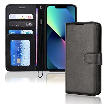 Afbeelding van TECHGEAR iPhone 13 lederen portemonneehoesje, flip beschermhoes met portemonnee kaarthouder, standaard en polsband zwart PU leer magnetische sluiting voor 6,1 inch