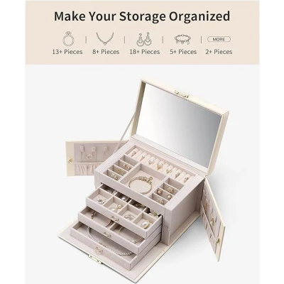 Afbeelding van Hoge capaciteit gespiegelde sieradendoos organizer met handgreep, zacht PU leer, hout, decoratieve sieraden opbergkoffer voor armbanden, oorbellen, ringen, halskettingen, broches