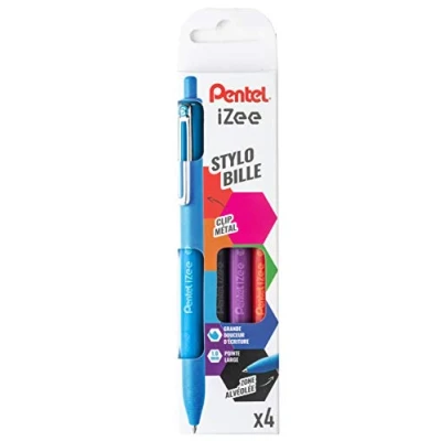 Afbeelding van Pentel BX470/4EASY iZee balpen met metalen clip, zwart, rood, hemelsblauw, violet, 4 stuks