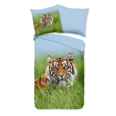 Afbeelding van Dekbedovertrek voor Kinderen 135x200 cm Tijger Print Groen/Blauw 1 Persoons 100% Katoen