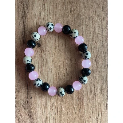 Afbeelding van Edelsteen Armband Loslaten 8mm 18 cm Rozenkwarts, Zwarte Onyx &amp; Dalmatiër Jaspis Emotionele Balans Innerlijke Kracht