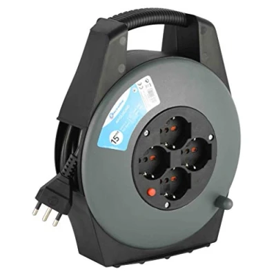 Afbeelding van Electraline 49029 kabelhaspel, 4 universele stopcontacten, 15 meter, grijs/blauw