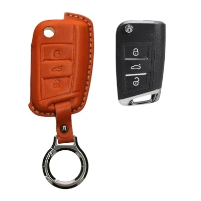 Afbeelding van kwmobile leren autosleutel hoesje geschikt voor VW Golf 7 MK7 3 knops Als sleutelhanger met sleutelring Echt leer in bruin